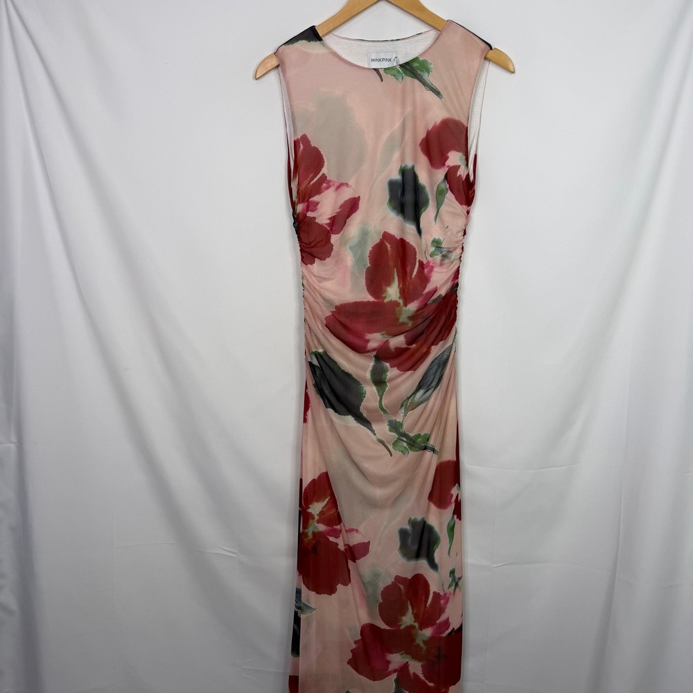 Minkpink Abella Mesh Midi Dress Red Floral Ruched Bodycon Size M NWT - Picture 3 of 8